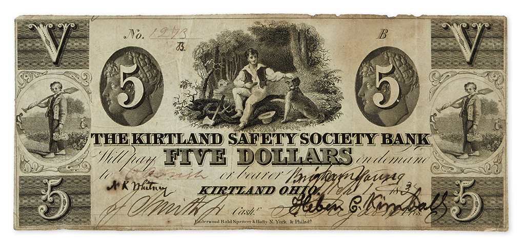 (MORMONS--CURRENCY.) $5.00 obsolete banknote issued by the Kirtland Safety Society Bank.